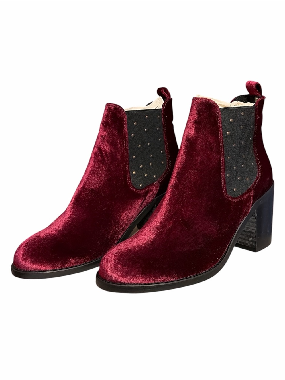 Musse & Cloud Burgundy Velvet Chelsea Block Heel Booties